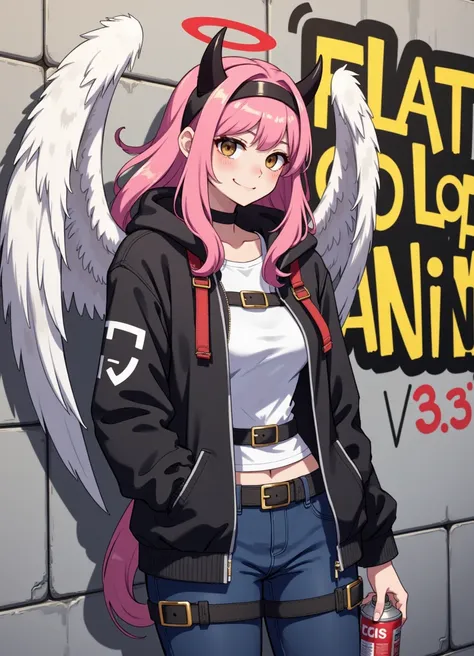 fca_style, an adult woman with white angel wings, black devil horns and a black headband, red halo, long pink wavy hair, brown eyes, evil smirk. Wearing black and white techwear hoodie, jeans, with lots of straps and buckles. She holding a spray-paint can ...