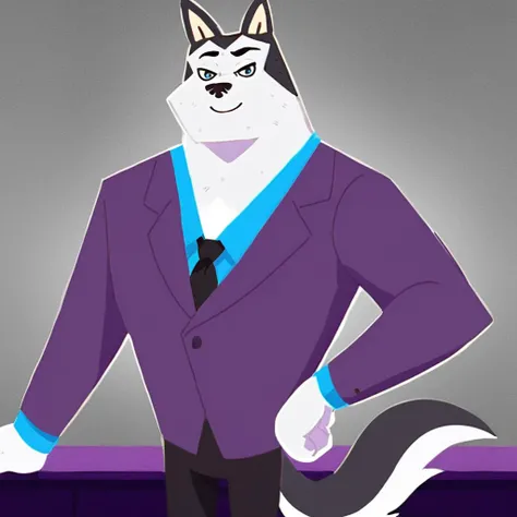 Inigo-Hayopka, Siberian husky, cartoon, anthro dog, husky ears, 1boy, male, solo, 
purple suit, blue undershirt, black tie, black pants, 
black eyes, black nose, tail, 
smiling, looking at viewer