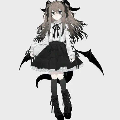 soft tail, pale brown hair, black horns, slight pale skin, curved back horns, long hair, black tail, wings behind waist, small bat wings, black hair edge, girly body, soft skin