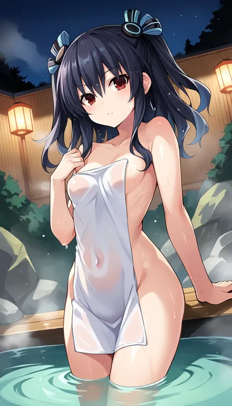 score_9, score_8_up, score_7_up, source_anime, 1girl, solo,  black hair, red eyes, medium hair, two side up, nude, small breasts, naked, towel, naked towel, nude cover, wet cover, onsen, partially submerged, water, bathing, steam censor, steam, night, dusk...