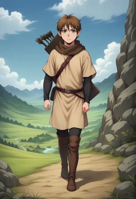 score_9, score_8_up, score_7_up, source_anime, highly detailed, 

elam, 1boy, solo, male focus, brown hair, quiver, arrow (projectile), green eyes, boots,
thighhighs, thigh boots, scarf, full body, tunic, short over long sleeves, 

outdoor, mountains, sky,...