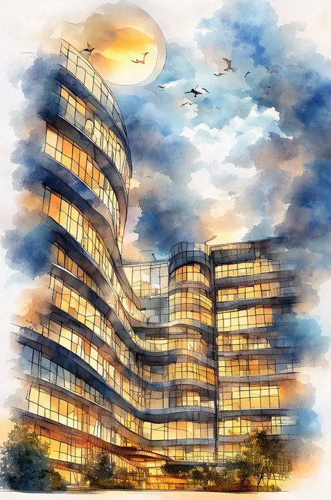 circle building , clouds, birds, architecture watercolor sketches style, warm tone, night scene, warm light from the windows<lora:watercolor:1>