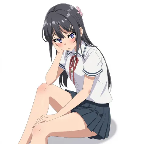 anime girl skrjmamai wearing school unifrom sitting with crossed legs face resting on hand with bored expression