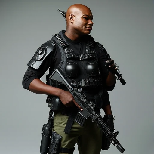 holding two rifles in his hands. He is wearing a black vest and green pants, making the man and his armor stand out. The image is taken from a side angle