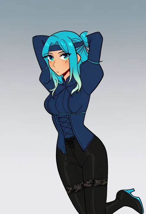 Score_9, 1girl, half updo, blue hair, aqua hair, gradient hair, breasts, headband, arms behind head, juliet sleeves, lace, dark blue shirt, black pants, knee high boots, heels