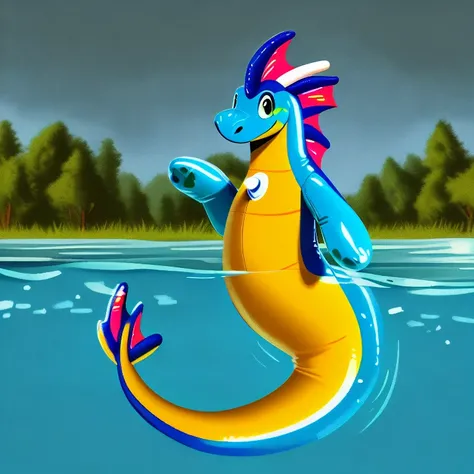 (plinflatable:1.2), digital art, (ultragloss:1.0), solo, (sea serpent:1.1), river, clear water, (partially submerged:1.1), partially underwater view, fins and frills, valve on chest