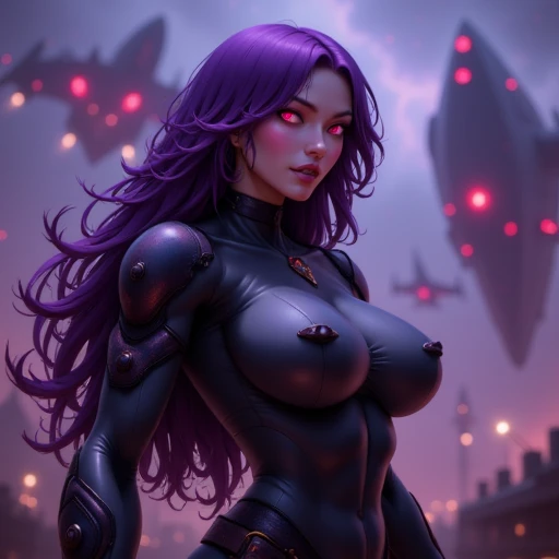 purple hair, large breasts, red eyes, looking at viewer, belt, earrings, glowing eyes, long hair, 1girl, weapon