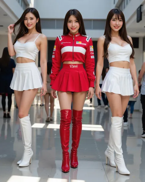 zent,<lora:jdl-flux-lora:1>,race queens,(different faces:1.2),skirt,long boots,(miniskirt:1.2),boots,long hair,(full body:3),midriff,smile,realistic,high heels,(beautiful japanese girl:1.2),race queen,slender,smiling,(dynamic_angle:1.2),ultra high res,supe...