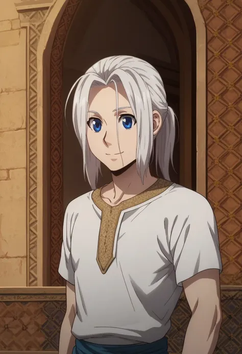 score_9, score_8_up, score_7_up, source_anime, highly detailed, 
arslan, 1boy, male focus, solo, smile, closed mouth, shirt, shorts, white hair, blue eyes, upper body, ponytail,
indoor, persia, persian, palace