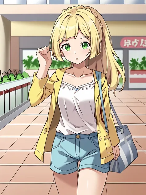 1girl, solo, liririlipkmn, green eyes, blonde hair, ponytail, yellow jacket, white shirt, collarbone, blue shorts, bag, outdoors, shopping mall, walking, parted lips