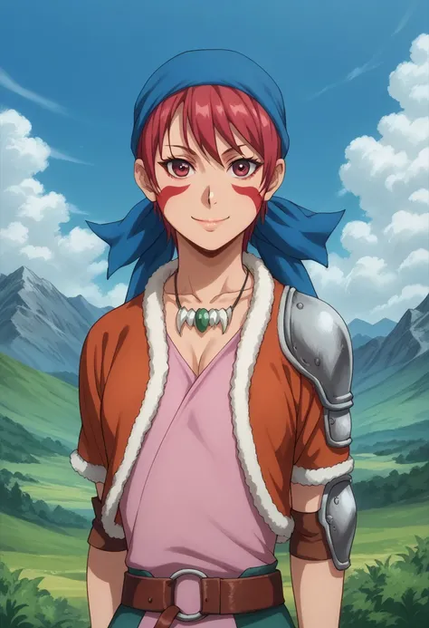 score_9, score_8_up, score_7_up, source_anime, highly detailed, 
alfarid, solo, jewelry, 1girl, red hair, necklace, belt, armor, facial mark, short hair, smile, facepaint, looking at viewer, bandana, red eyes, fur trim, shoulder pads, pauldrons, shoulder a...