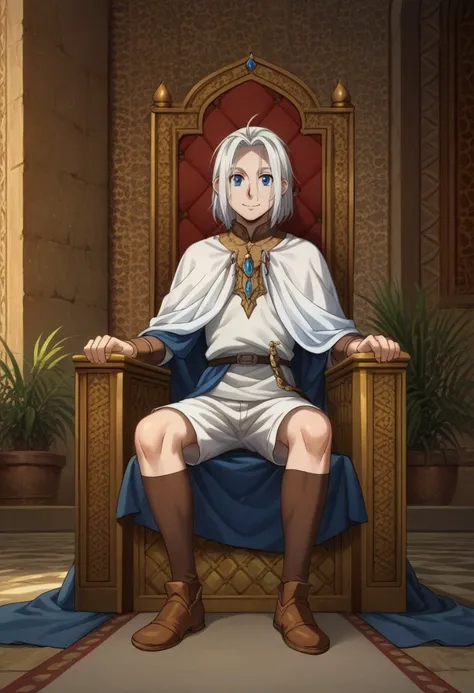 score_9, score_8_up, score_7_up, source_anime, highly detailed, slender, skinny

arslan, 1boy, male focus, solo, smile, white shorts, white hair, blue eyes, brown socks, brown shoes,

indoor, persia, persian, palace, throne, sit,