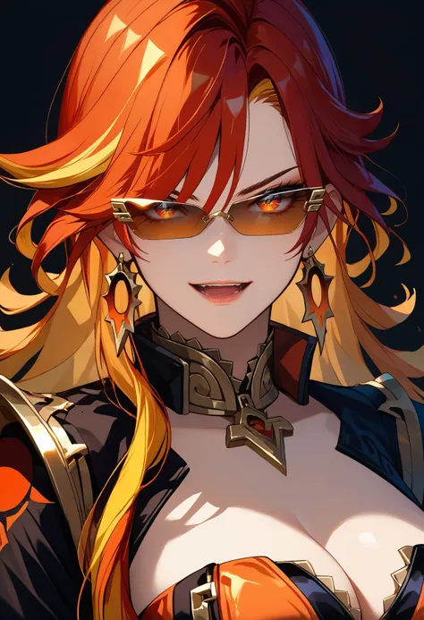 score_9,score_8_up,core_7_up,   <lora:mavuika_genshin_impact_pdxl_goofy:1>mavuika-gi, 1girl, jewelry, solo, breasts, cleavage, earrings, looking at viewer, gloves, long hair, tinted eyewear , open mouth, smile, black gloves, bangs, sunglasses, multicolored...