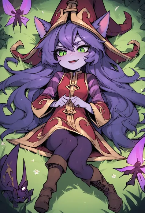 score_9, score_8_up, score_7_up, score_6_up,1u1u, lulu, 1girl, green eyes, yordle, colored skin, purple skin,long hair, purple hair, animal ears,dress, long sleeves,hat, witch hat, ears through headwear, boots, fairy  <lora:Lulu_Default_v2:0.8>, lying on g...