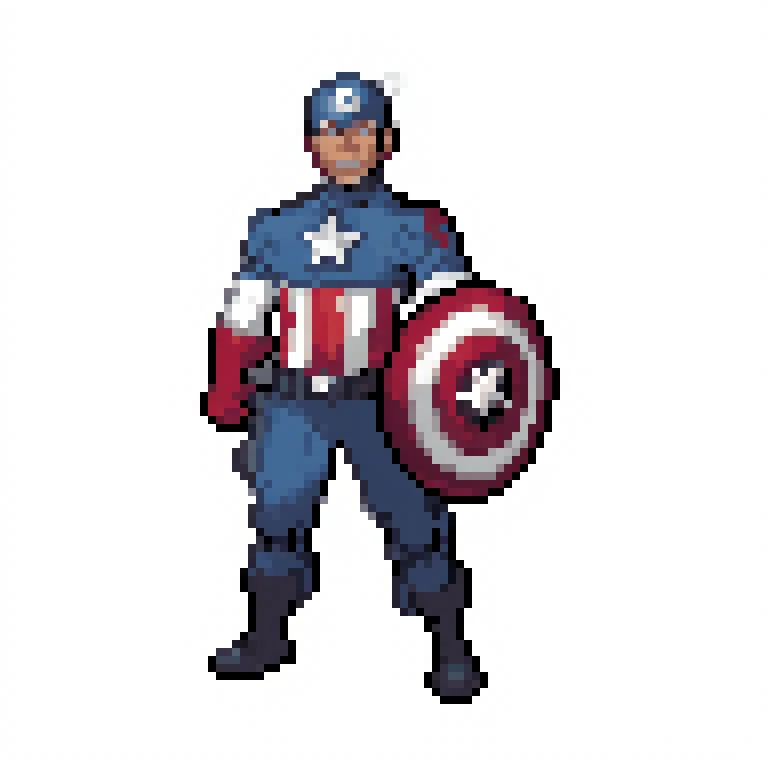 a pixel image of captain American with shield, on white background <lora:pktrainer_F1-v1-0:0.7>