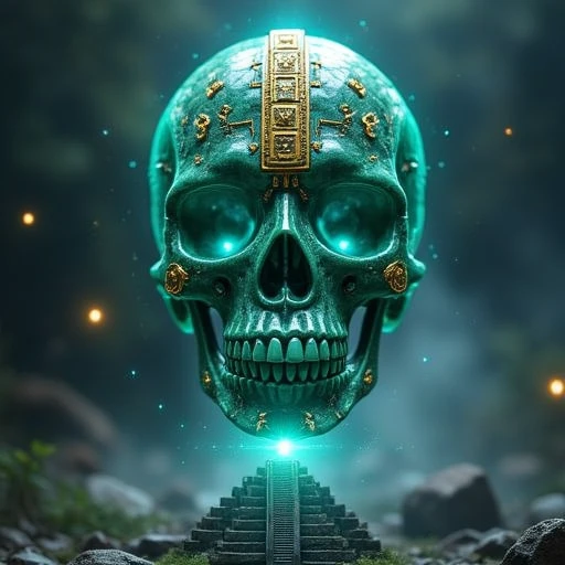 An ancient Aztec skull carved from jade, adorned with golden circuitry and pulsing with electric blue energy. Hovering above a misty pyramid, surrounded by holographic glyphs and flickering fireflies. Photorealistic rendering with a touch of cyberpunk aest...