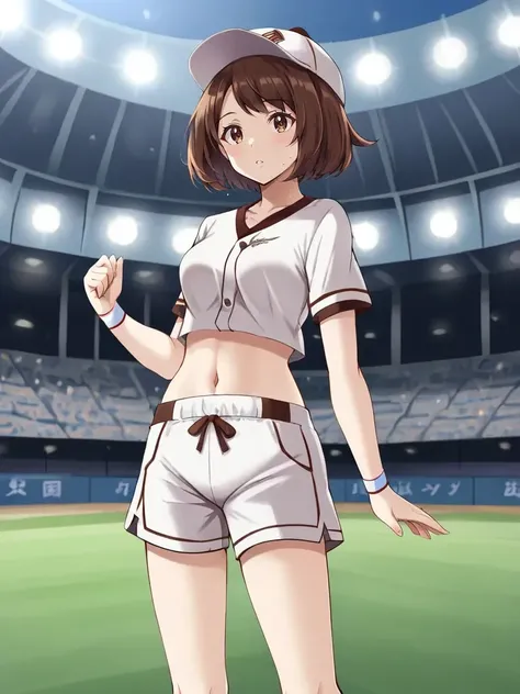 <lora:SSGloriaTsukishiroSaikaDataset:0.7>
1girl, solo, gloiyuuria, brown hair, short hair, bob cut, white headwear, baseball cap, brown eyes, white croptop, navel, white shorts, sports uniform, stadium, standing, parted lips, cowboy shot