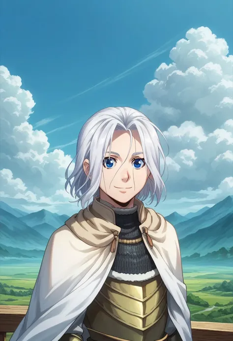 score_9, score_8_up, score_7_up, source_anime, highly detailed, 
arslan, 1boy, male focus, solo, armor, blue eyes, cape, chainmail, 
standing, looking at viewer, white hair, upper body, smile
outdoor, mountains, sky, clouds, wind,