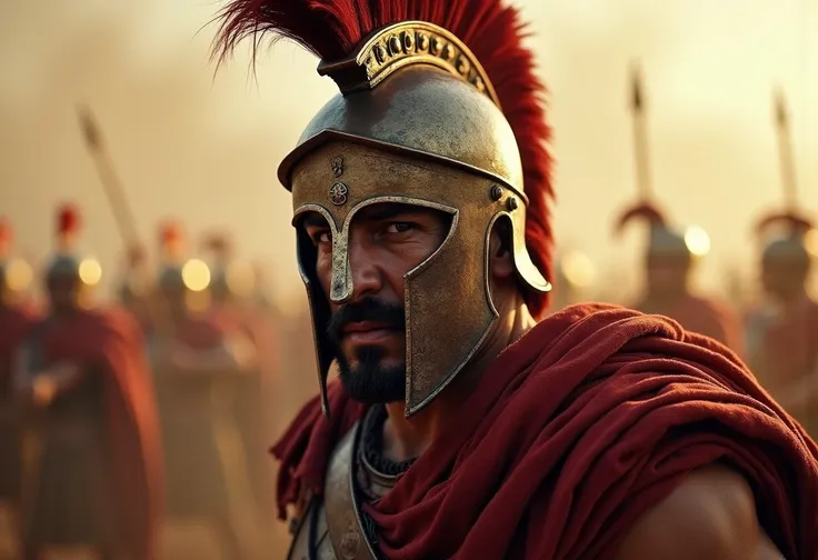 A detailed description of a Spartan warrior in the stress of war The background: the battlefield is noisy and hazy. Dust of earth rises into the sky, a whirlwind of whistling arrows cuts through the air, and the shouts of the warriors sound like distant th...