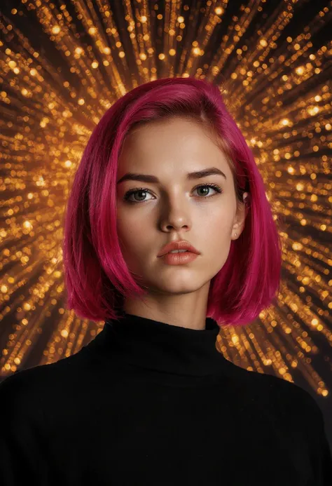 Striking digital art portrait, contemporary style, photorealistic medium. Depicts a young female figure with vibrant pink hair, intense gaze, and flawless complexion. Background features dense array of golden, sparkling light clusters resembling fireworks,...