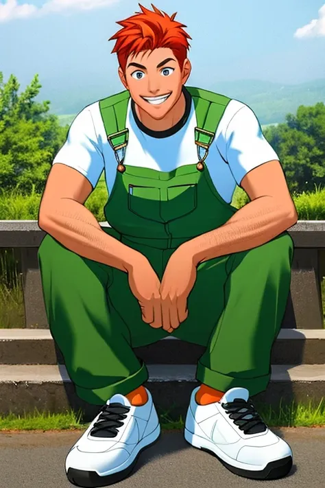 (masterpiece),(best_quality),1boy,Jikokuten,white sneakers,white shirt,green overalls,smile,sitting,<lora:Jikokuten:1>,