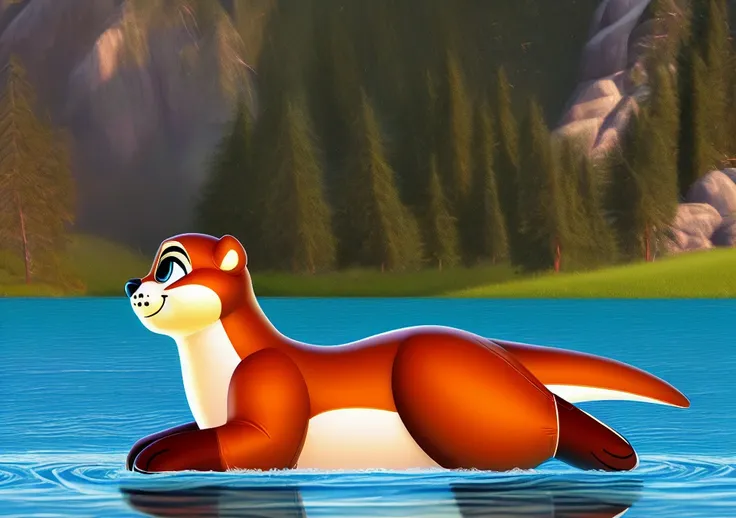 (plinflatable:1.2), (toy proportions:1.2), (draw over:1.2), (glossy:1.2), solo, (otter:1.0), (side view:1.4) (laying on front:1.2), ocean, clear water, (partially submerged:1.3)