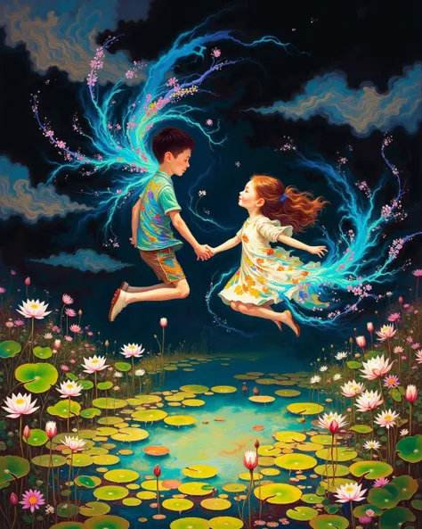 db4rz style painting, a boy and a girl floating in midair holding hands, fields of colorful energy surround them, below them is ...