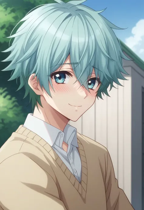 score_9, score_8_up, score_7_up, source_anime, highly detailed, 
kouta, 1boy, male focus, solo, looking at viewer, eyes visible through hair, smile, hair between eyes, shirt,
white shirt, multicolored hair, bangs, short hair, aqua hair, closed mouth, shy, ...