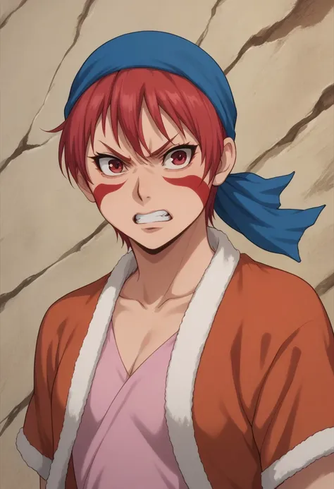 score_9, score_8_up, score_7_up, source_anime, highly detailed, 
alfarid, 1girl, solo, short hair, bandana, 
skirt, facepaint, facial mark, red hair, red eyes, upper body, angry, teeth, anger vein, parody
indoor, persian, persia