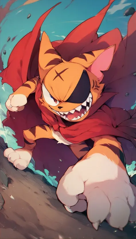 matatabi_ckc, solo, furry male, furry, looking at viewer, action pose, angry, orange fur, red cape, eyepatch, smile, open mouth, sharp teeth, arms
