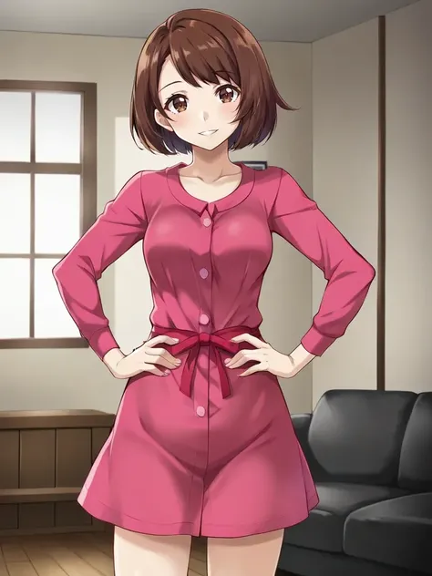 <lora:SSGloriaTsukishiroSaikaDataset:0.7>
1girl, solo, gloiyuuria, brown hair, short hair, bob cut, brown eyes, pink dress, long sleeves, standing, indoors, living room, standing, smile, parted lips, hands on hips, cowboy shot