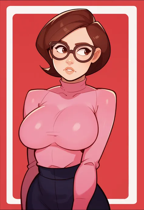 score_9, score_7_up, <lora:splashbrush-guy-PONY-DORAv1:1>, 1girl, solo, helen parr, long sleeves, pink shirt, pillarboxed, border, large breasts, red background, looking to the side, glasses