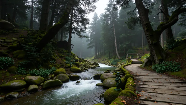 A winding stream flowing through a dense forest, with banks covered in green vegetation and moss. The stream is dotted with rocks adorned with moss, and by the streamside are small stone sculptures adding a touch of mystery and ancient ambiance. A wooden p...