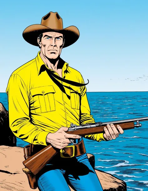 a man wearing a yellow cowboy shirt, jeans, brown cowboy hat and a black necktie. He is standing on a cliff near the ocean and holding a rifle, in the style of bonellicomics