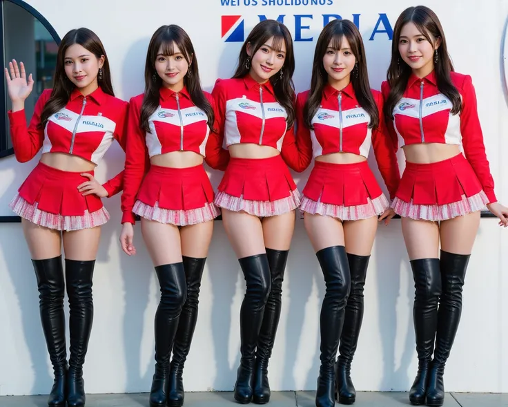 zent,<lora:jdl-flux-lora:1>,race queens,(different faces:1.2),skirt,long boots,(miniskirt:1.2),boots,long hair,(full body:3),midriff,smile,realistic,high heels,(beautiful japanese girl:1.2),race queen,<lora:GoodHands-vanilla:1.5>,slender,smiling,(dynamic_a...