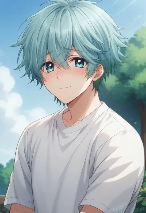 score_9, score_8_up, score_7_up, source_anime, highly detailed, 
kouta, 1boy, male focus, solo, looking at viewer, eyes visible through hair, smile, shirt,
white shirt, multicolored hair, bangs, short hair, aqua hair, closed mouth, shy, blush,
outdoor, blu...