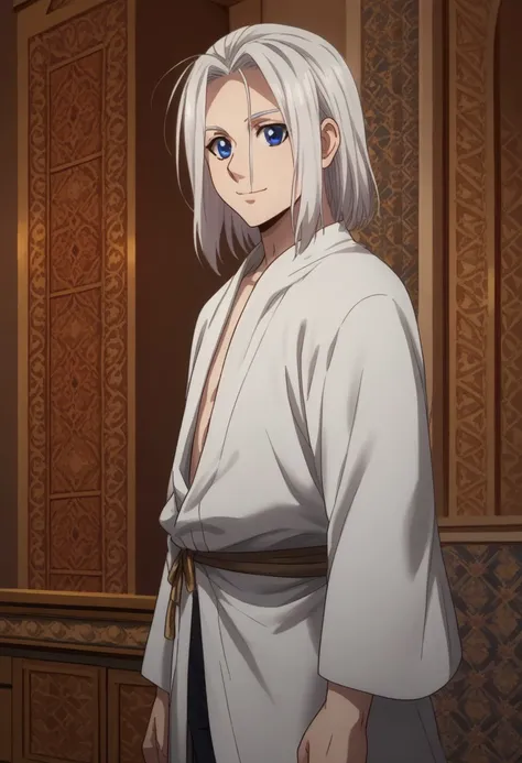 score_9, score_8_up, score_7_up, source_anime, highly detailed, slender, skinny
arslan, 1boy, blue eyes, male focus, robe, smile, closed mouth,  long sleeves, standing, looking at viewer, white robe, pants, upper body, white hair
indoor, persia, persian, p...