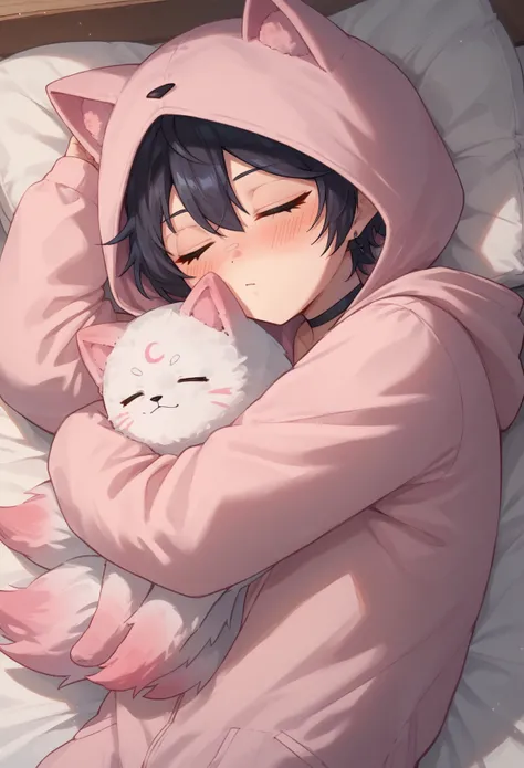 Ali_Pyjama, sleeping, laying down, hugging Kitsu_plush, (pink white onesie with hood),
BREAK
embedding:zPDXL2, score_9, score_8_up, score_7_up, score_6_up, score_5_up, score_4_up, (source_anime, dot nose:1.2),