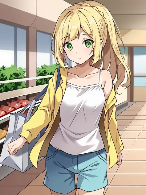 1girl, solo, liririlipkmn, green eyes, blonde hair, ponytail, yellow jacket, white shirt, collarbone, blue shorts, bag, outdoors, shopping mall, walking, parted lips