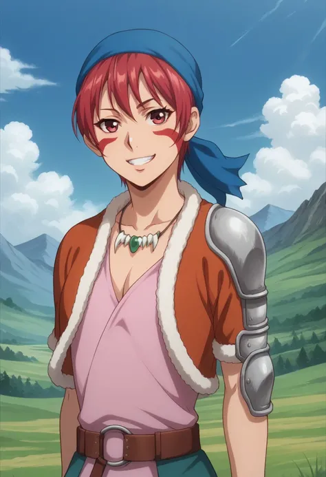 score_9, score_8_up, score_7_up, source_anime, highly detailed, 
alfarid, solo, jewelry, 1girl, red hair, necklace, belt, armor, facial mark, short hair, smile, facepaint,  bandana, red eyes, fur trim, shoulder pads, pauldrons, shoulder armor, upper body, ...