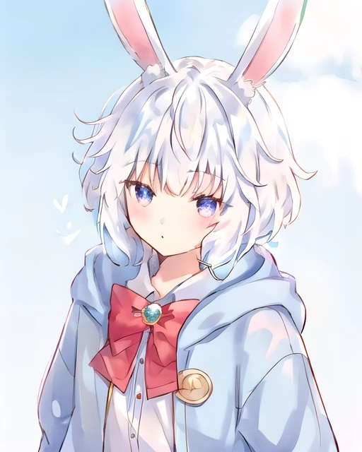 Khyo, 1 boy, white hair, bunny ears, blue jacket, red bowtie, <lora:Khyo_3-000006:1>