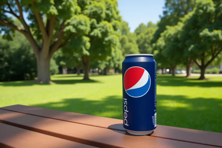 A highly detailed image of (pepcnz3 the soda can), front view, high-angle, logo, sits on a wooden picnic table in a tranquil park, There are many mature trees for shade, lush green grass, and sunny blue skies. 