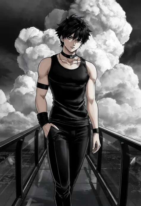 Anime-style digital artwork, character in black vinyl tank top and pants, choker and arm band, standing on a futuristic glass bridge. Background: dramatic cloudy sky, large clouds with depth detail. Black and white color scheme with high contrast, sleek de...