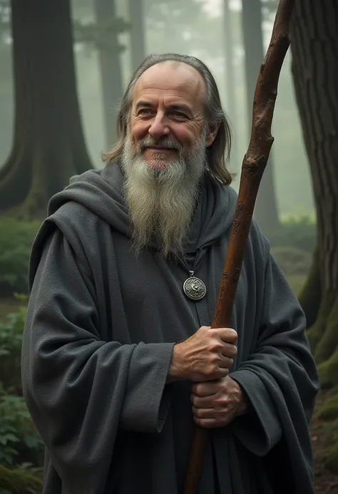 Salvoanna21, Gerry, a Gandalf-inspired image of a middle-aged man with a warm, wise demeanor. He has a receding hairline with gray hair flowing into a short beard. His light brown eyes have a twinkle of ancient wisdom. Hes dressed in gray wizard robes with...