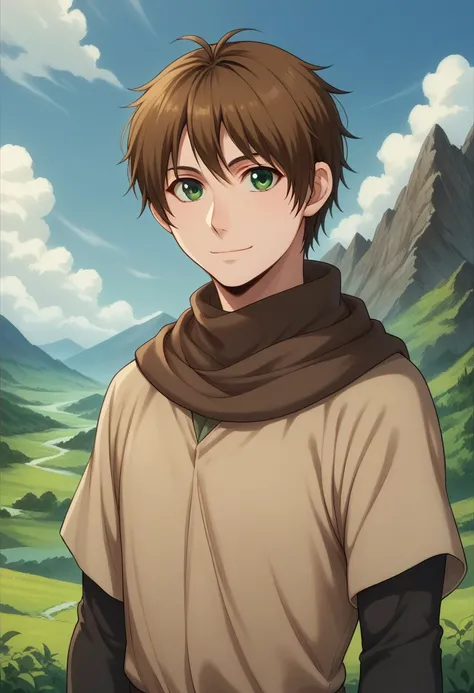 score_9, score_8_up, score_7_up, source_anime, highly detailed, 
elam, 1boy, male focus, solo, brown hair, green eyes, tunic, scarf, upper body, short over long sleeves, looking at viewer, smile, closed mouth, slender, skinny
outdoor, mountains, sky, cloud...