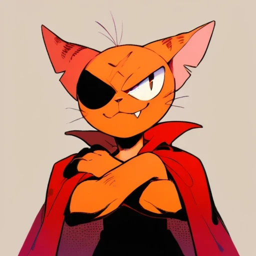 matatabi_ckc, solo, furry male, furry, looking at viewer, orange fur, red cape, crossed arms, eyepatch, male, cat, scar, simple background background, smile, closed mouth, fangs