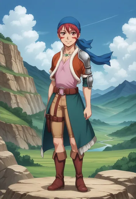 score_9, score_8_up, score_7_up, source_anime, highly detailed, 

alfarid, 1girl, solo, boots, red hair, short hair, belt, jewelry, full body, shorts, necklace, bandana, facial mark, smile, knee boots, armor, holster, red eyes,

outdoor, mountains, sky, cl...