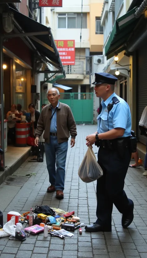 A Hong Kong police officer of HKPSU on foot patrol in an old, narrow street of Sheung Wan notices an elderly man struggling with a heavy bag. The officer, dressed in a blue uniform and small cap, approaches the man to offer assistance. Just as the officer ...