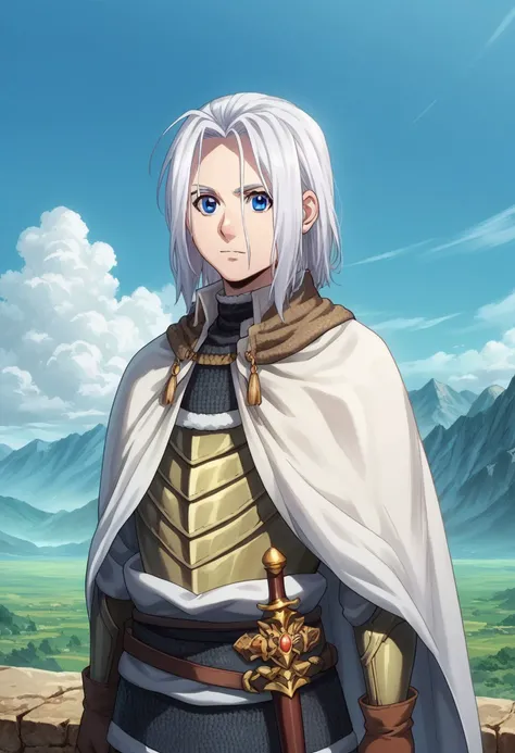 score_9, score_8_up, score_7_up, source_anime, highly detailed, 
arslan, 1boy, male focus, solo, armor, blue eyes, cape, gloves, chainmail,  brown gloves,
standing, looking at viewer, white hair, upper body,
outdoor, mountains, sky, clouds,