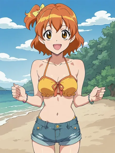 score_9, score_8_up, score_7_up, 
1girl, yamabuki inori, orange hair, brown eyes, medium hair, one side up, yellow ribbon, hair ribbon,

standing, smile, looking at viewer, open mouth, beach, yellow bikini, denim shorts,




